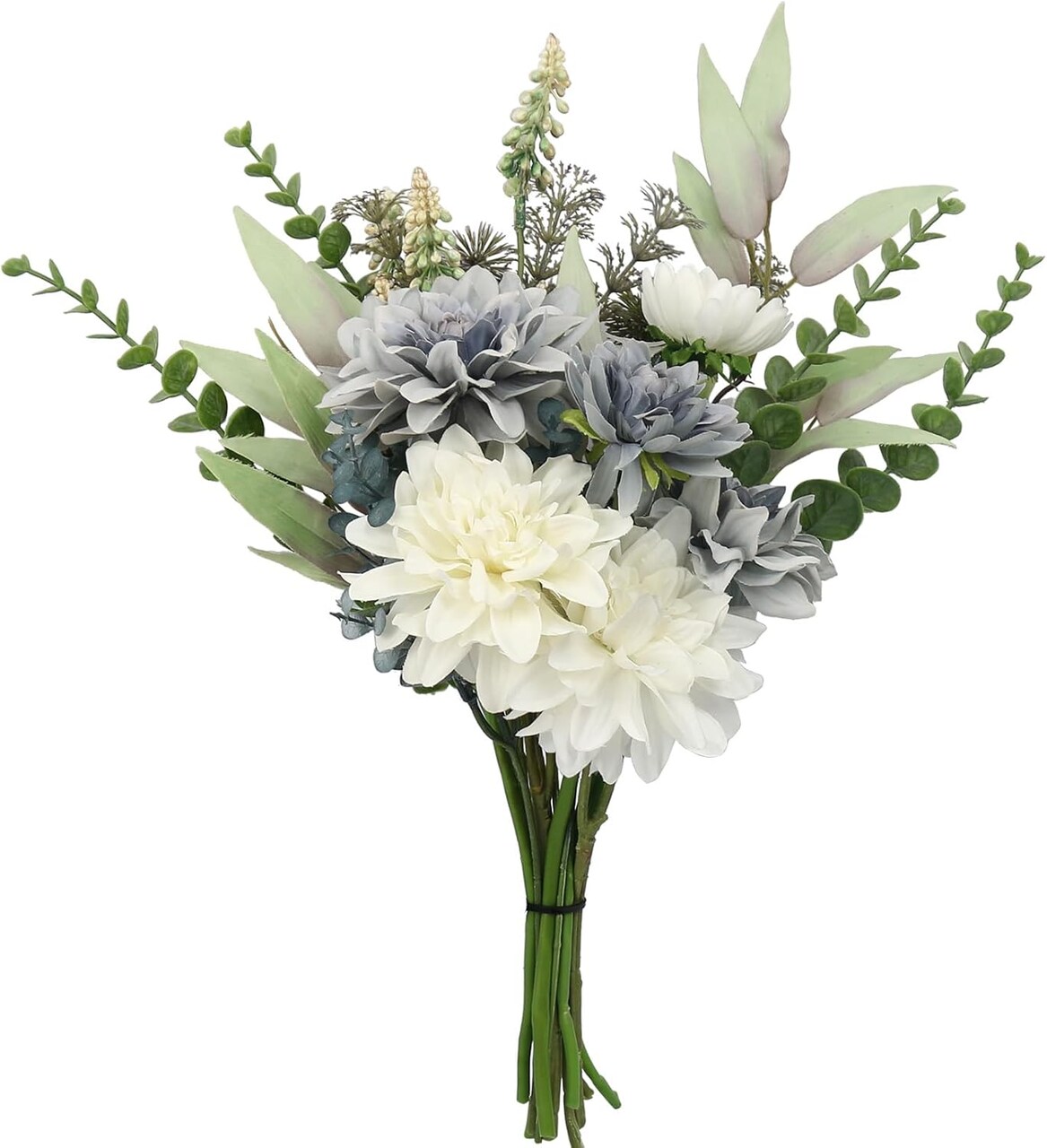 Artificial Dahlia Bouquet – White and Blue Silk Flowers for Vase, Home Table Decor Bathroom Decoration
